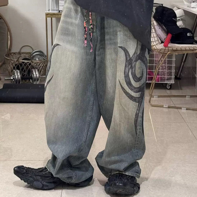 Men's Four Seasons Pattern Printed Solid Color Loose Cotton Jeans Autonomous Label-Free Casual Pants Ngvp #9921