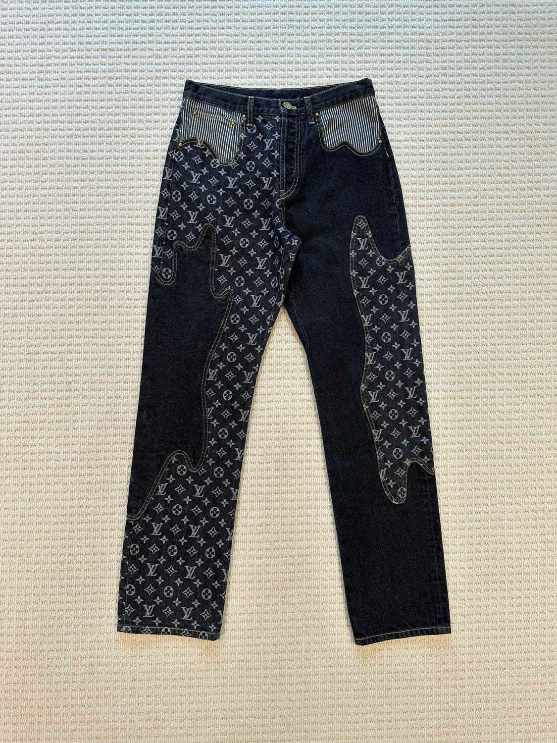 Louis Vuitton X 2 Collaboration Men's Spring And Summer Structural Splicing Monogram Flower Denim Pants Fashionable Casual Wide Leg Pants #71849