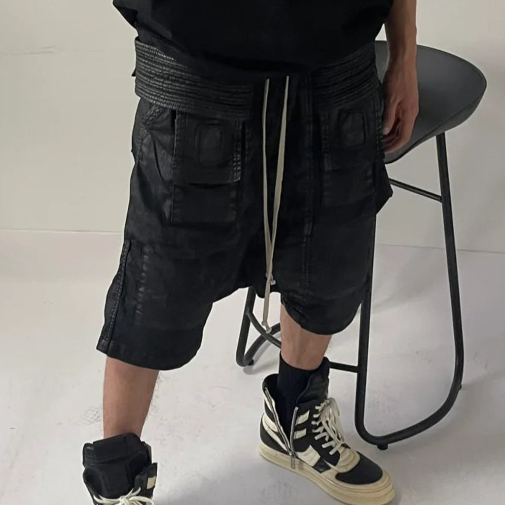 Rick Owens DRKSHDW Men's Spring/summer Retro High Street Thin Black Shorts Workwear Drawstring Pants  Ngvp #8794