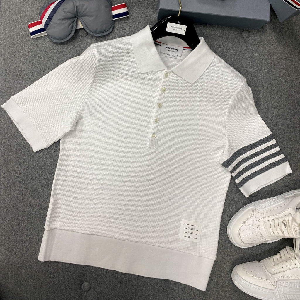 Thom Browne Men's Summer Solid Color Striped Cotton Polo Shirt Short Sleeve T-Shirt #99912