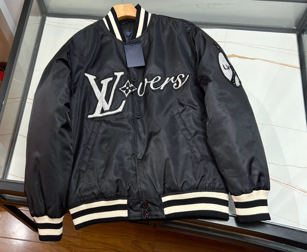 Louis Vuitton Men's Spring and Fall Black Striped Letter Single Breasted Jacket Embroidered Nylon Baseball Blouson #98379