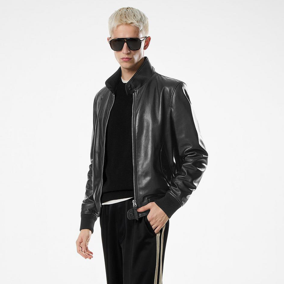 Tom Ford Men's Fall/Winter Fashion Classic Solid Color Leather High Neck Zipper Long Sleeve Leather Jacket #79141