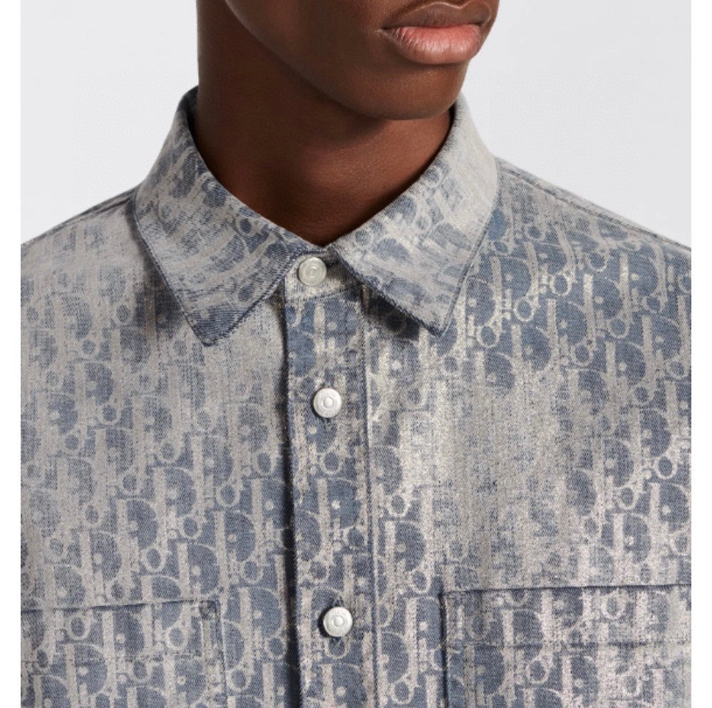 Dior Men's Autumn And Winter Grey Logo Full Print Old Single-Breasted Long-Sleeved Shirt #72813