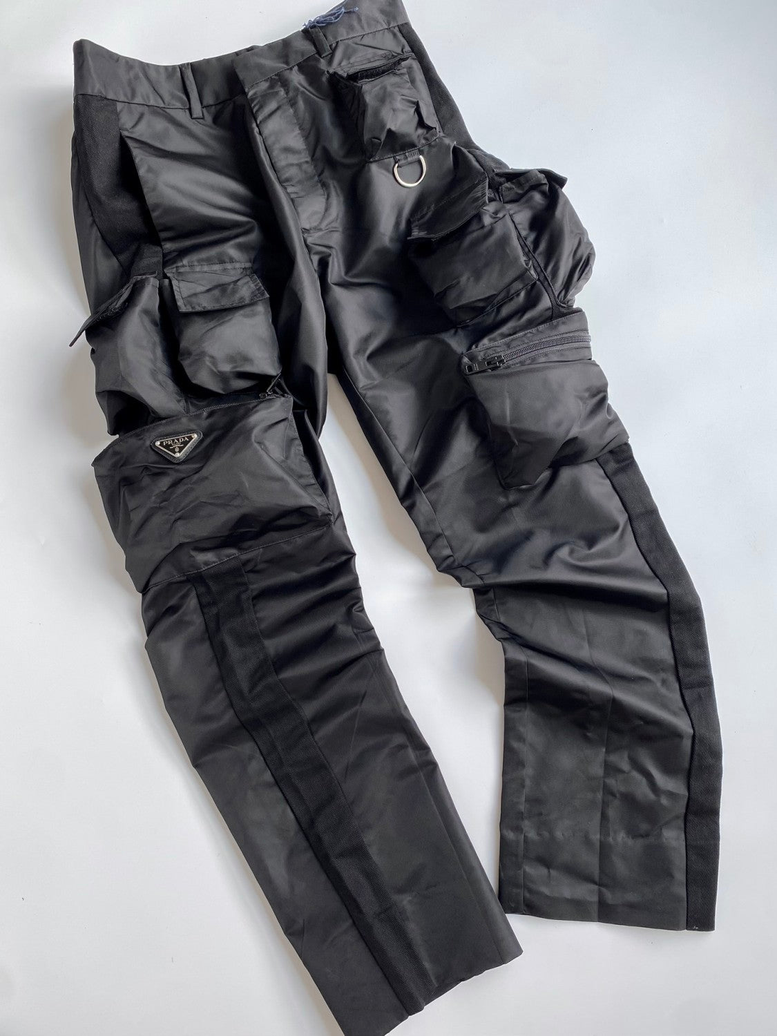 Prada Men's Spring and Autumn Black Triangle Label Multi-Pocket Zipper Nylon Workwear Long Pants #72861
