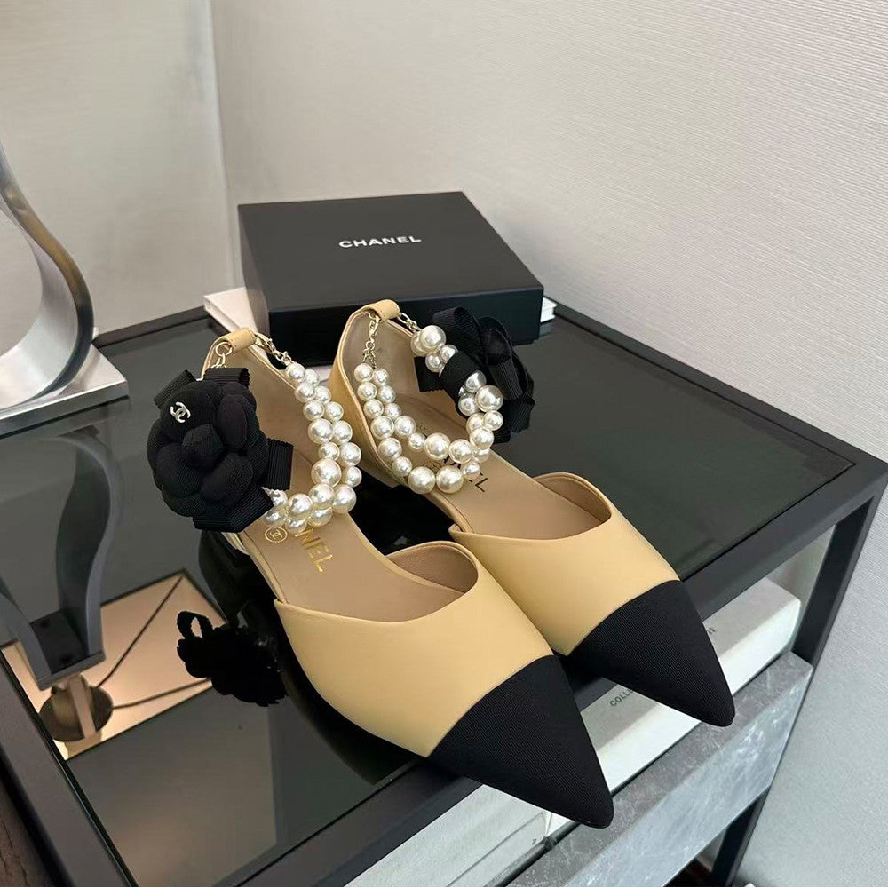 Chanel 25K Genuine Leather Pointed Toe Flat Shoes Pearl Chain Fashionable and Comfortable Color Block Women's Shoes #332404