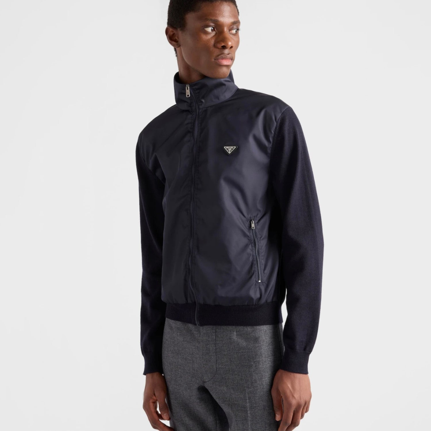 Prada Men's Spring/Fall Fashion Casual High Neck Zipper Triangle Logo Knit Patchwork Nylon Jacket #79173