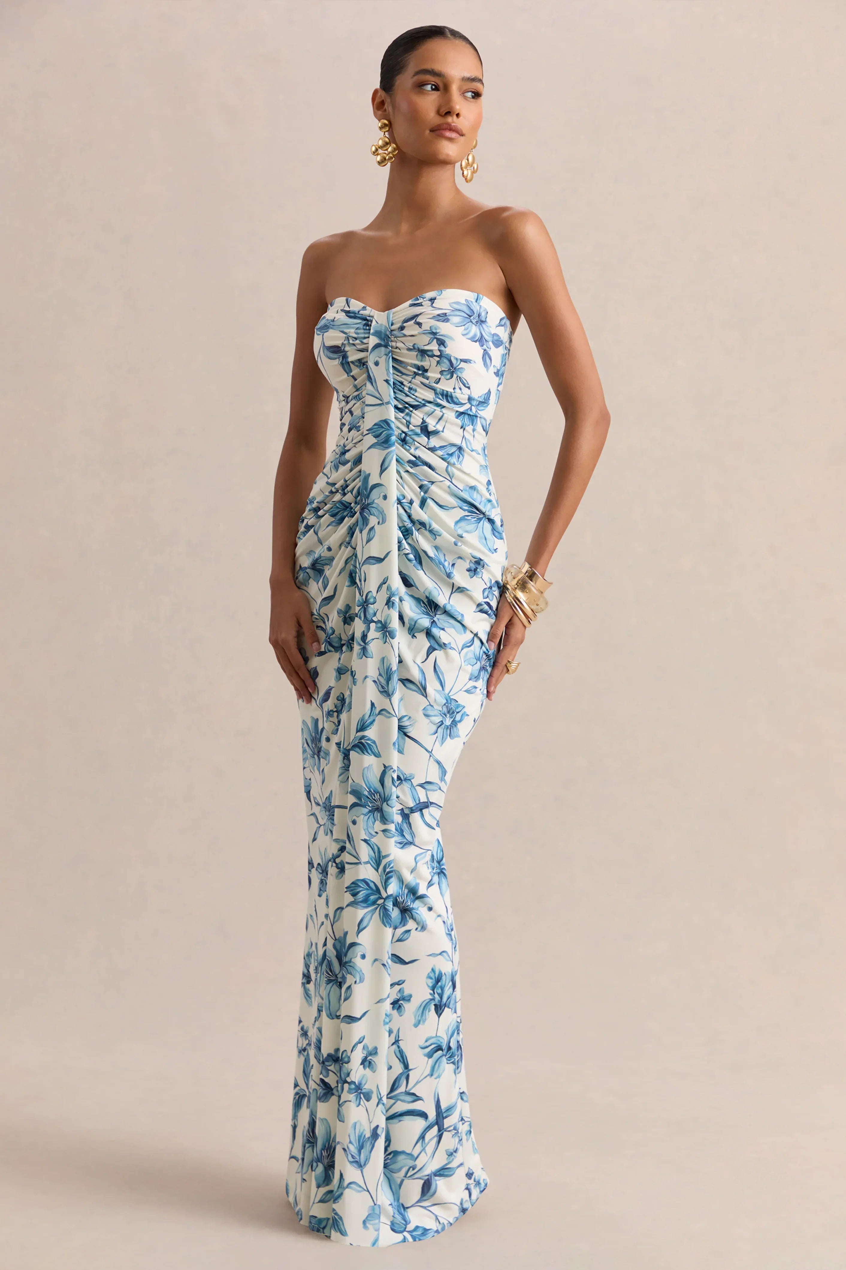 Ali | Blue Porcelain Print Sweetheart Ruched Wrap Maxi Dress
