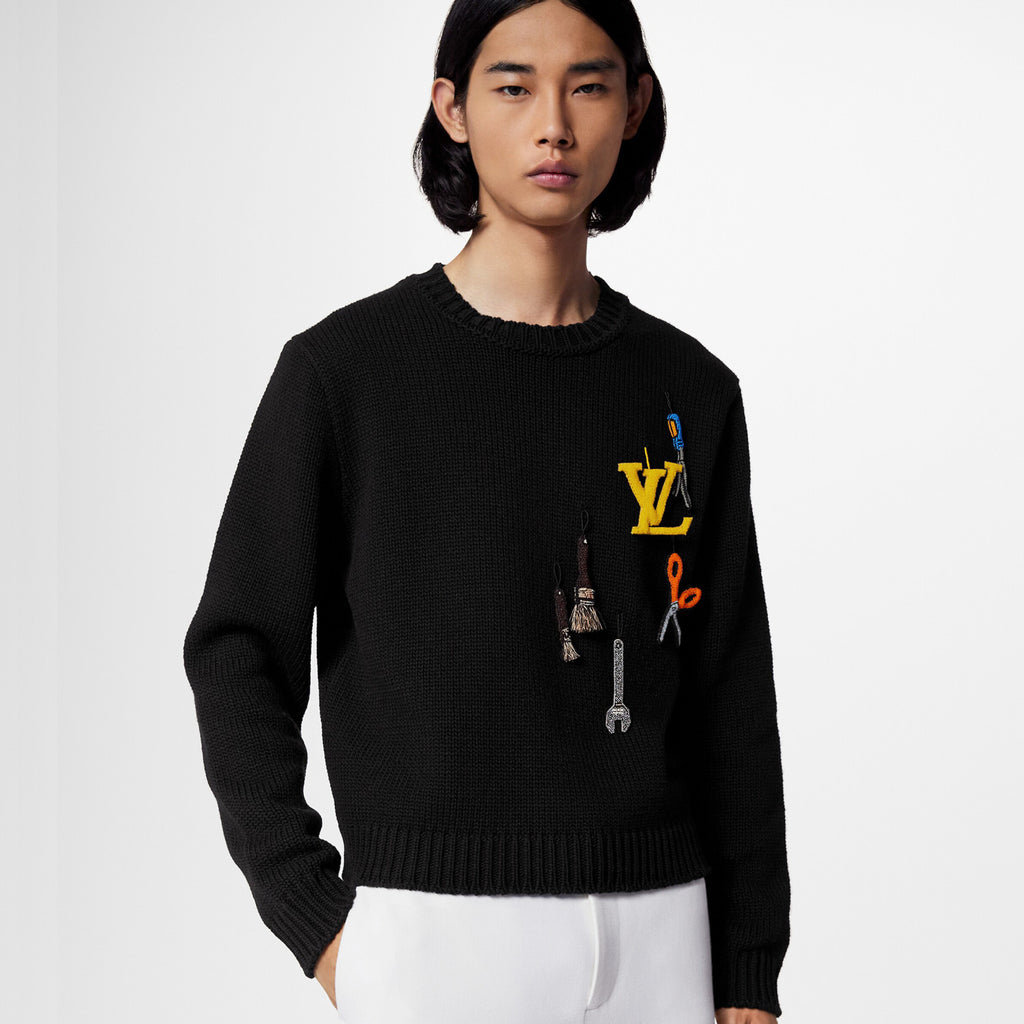 Louis Vuitton Men's Autumn and Winter Black Embroidered Letter Logo Tool Pattern Round Neck Long Sleeve Sweater Pullover #73158