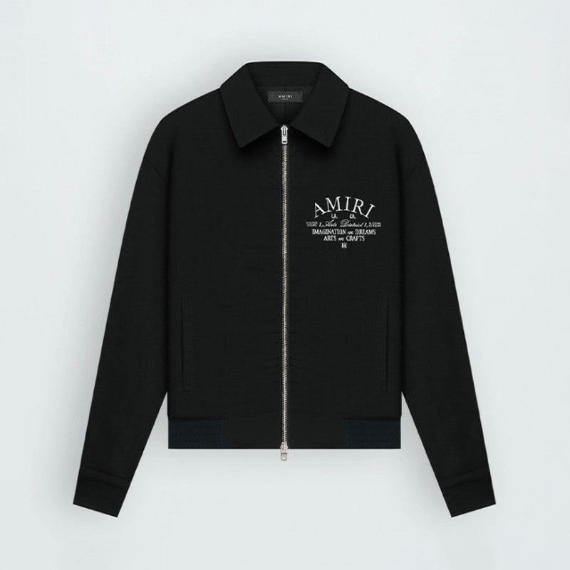 AMIRI Men's Arts District Jacket Spring/Fall Logo Embroidered Collar Zip-Up Solid Color Long Sleeve Outerwear #81542