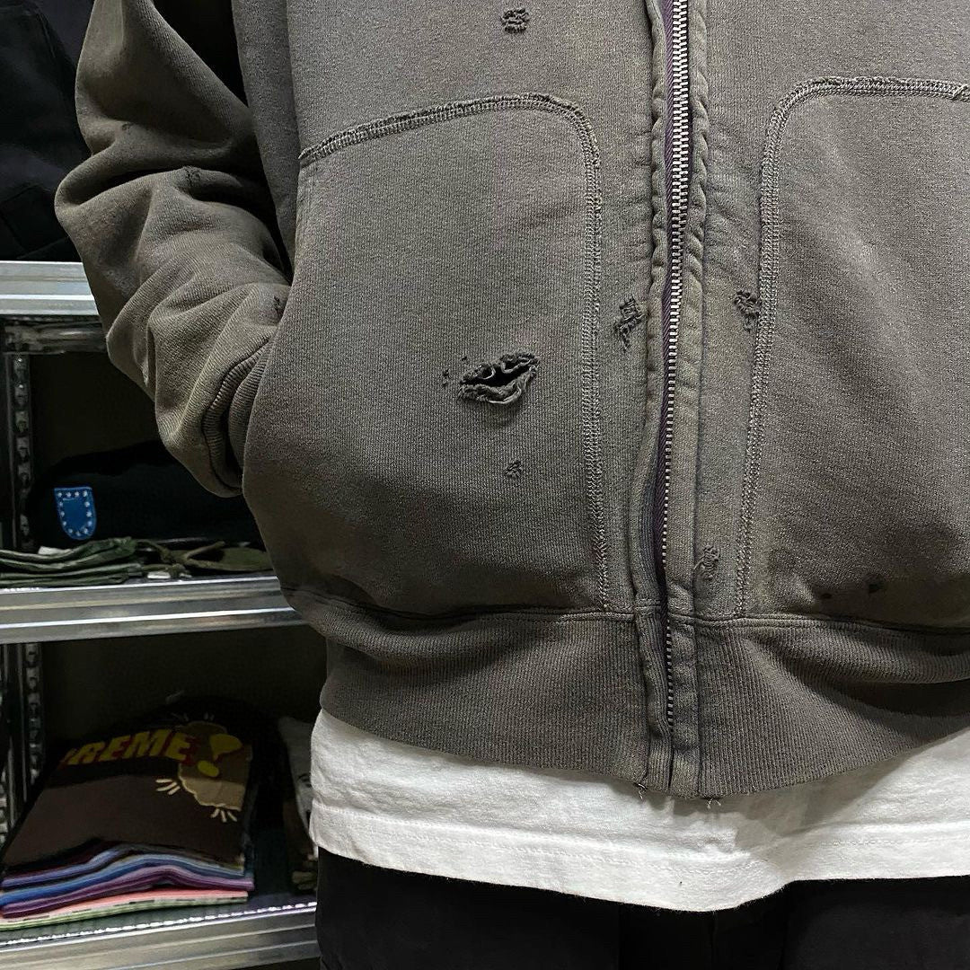 Saint Michael Men's Spring And Autumn Cotton Multi-Pocket Zipper Casual Long Sleeve Solid Color Destruction Washed Hooded Sweatshirt Ngvp #7942
