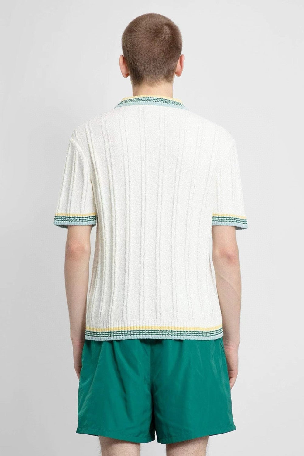 Casablanca Men's Summer White Striped Trim Comfortable Ribbed Knit Short Sleeve Polo T-Shirt #73227