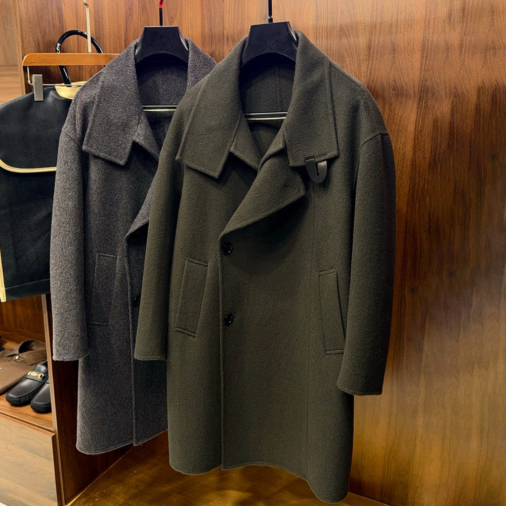 Hermes Men's Large Lapel Wool Slightly Wide Version Long Cashmere Coat #333099