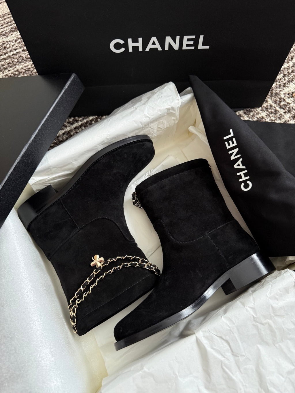 Chanel Women's Fall/winter Fashion Classic Solid Color Leather Suede Round Toe Cuffed Chunky Heel Chain Pendant Ankle Boots Shoes #79218