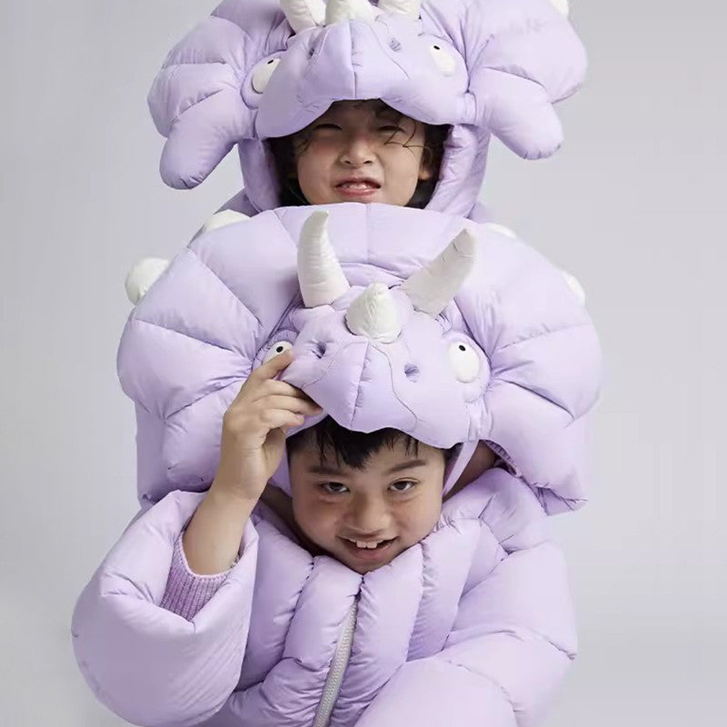 Kid's Autumn And Winter Solid Color Triceratops Jacket Thickened Short Zipper Loose Hooded Puffer Down Jacket #31322
