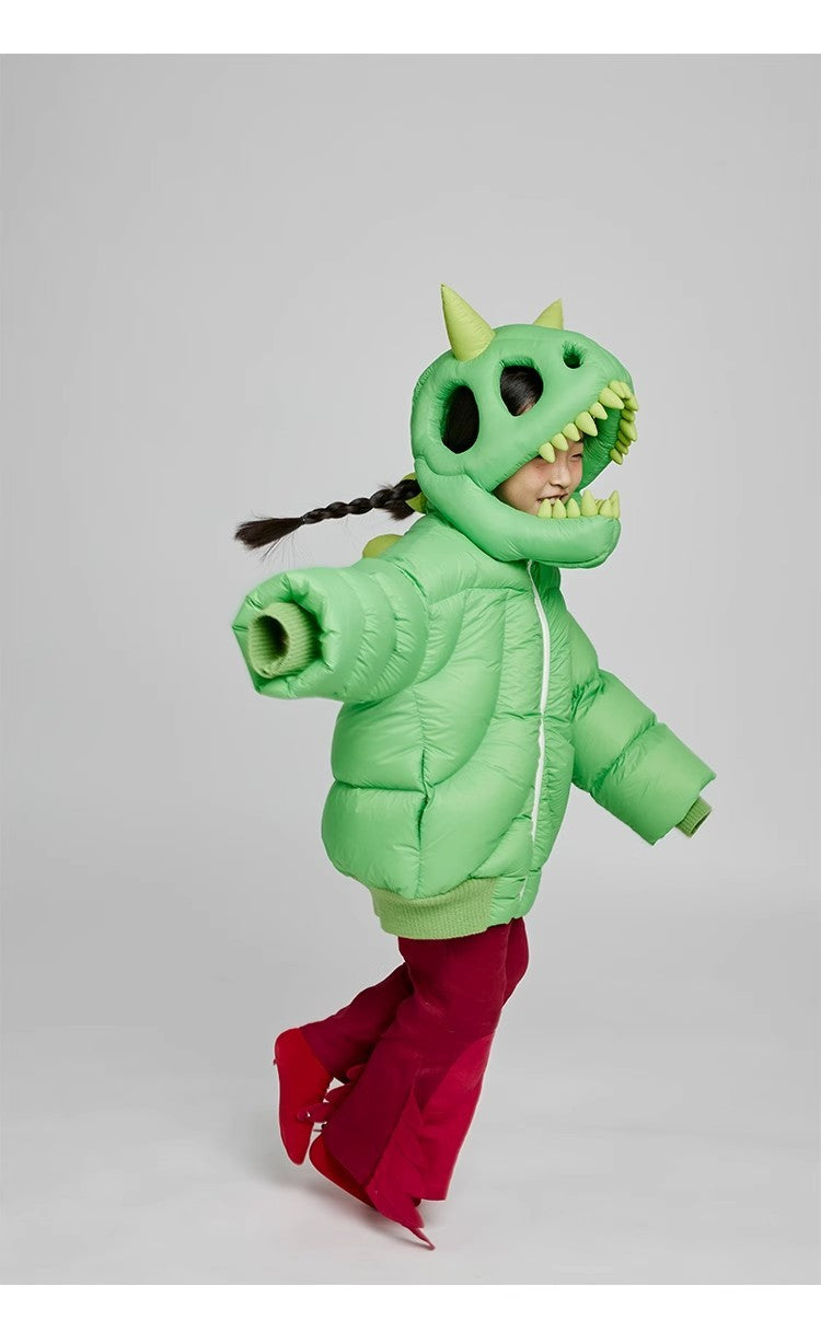 Kid's Autumn And Winter Solid Color Three-Dimensional Cutting Dinosaur Cap Hooded Loose Long-Sleeved Puffer Down Jacket #31323