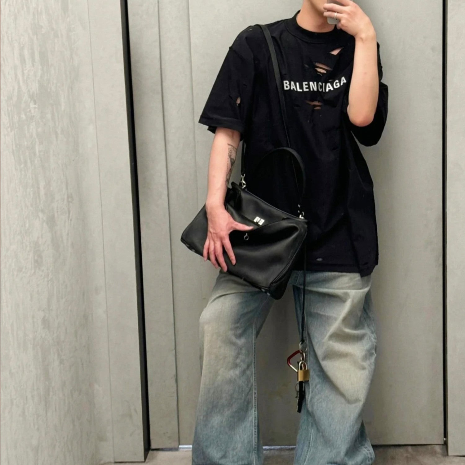 Balenciaga Men's Women's Summer Black Retro Torn High Street Large Silhouette Letter Logo Short Sleeve T Shirt #99292