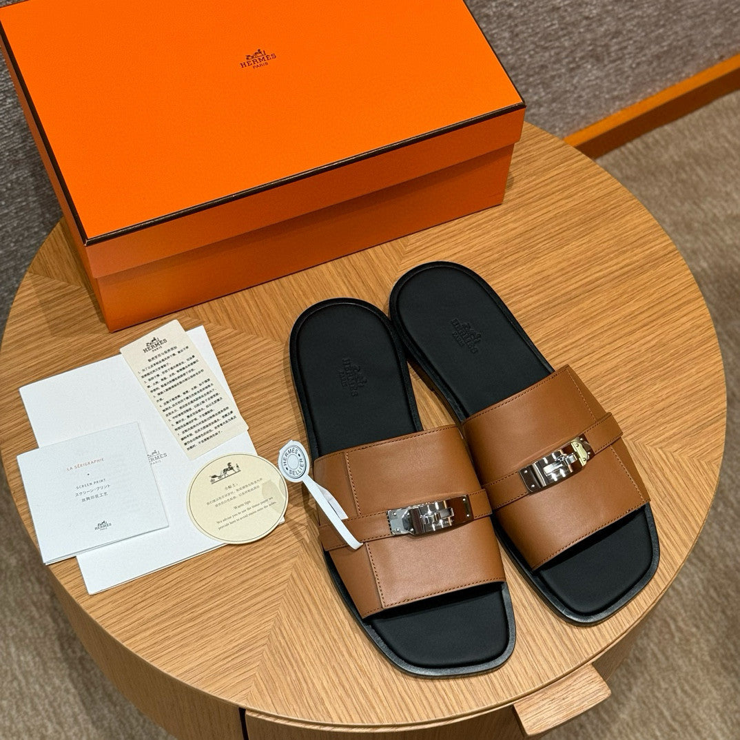 Hermes Gabriel Men's Summer Fashion Comfortable Logo Sandals Leather Casual Slippers #81144