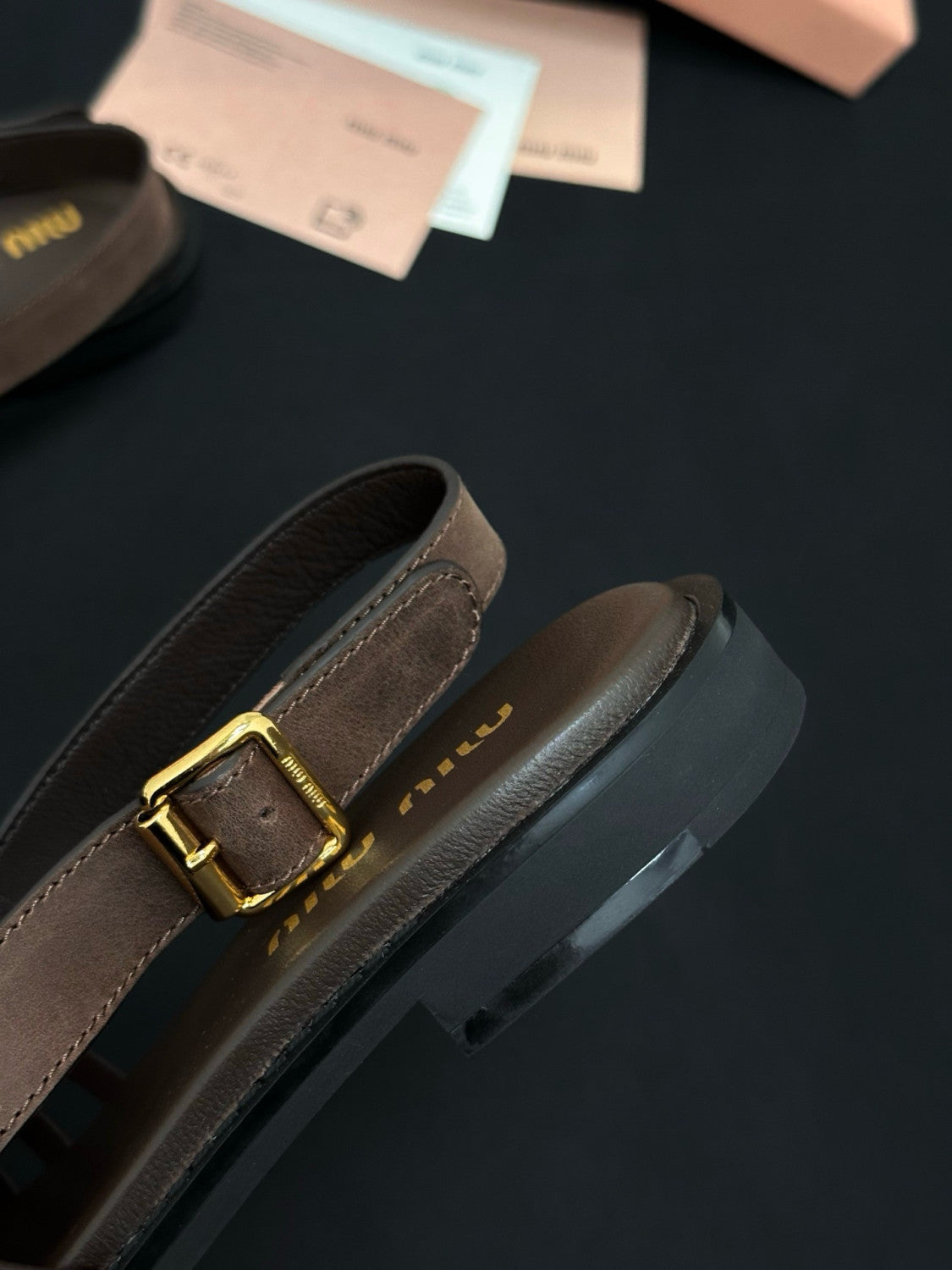 MiuMiu Coffee Leather Slingback Loafers #386850