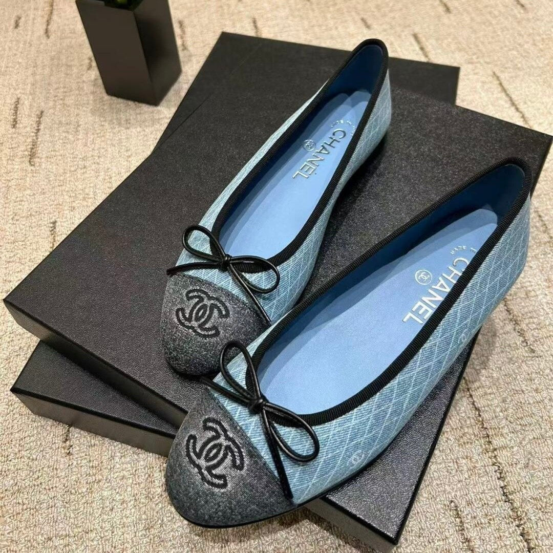 Chanel Women's Spring/Summer Solid Color Striped Printed Denim Ballet Flats Shoes #77258