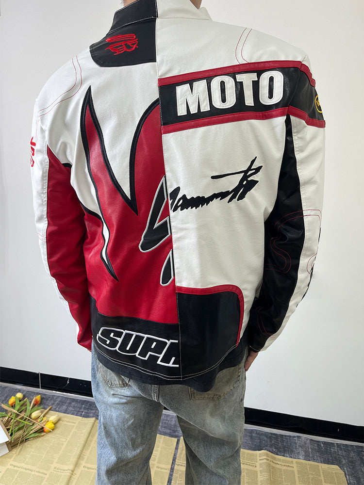 Supreme Yohji Yamamoto Marlboro Men's Women's Vintage Racing Suit Colour Blocking Fashion Leather Jacket Lapel High Street Trend Jacket Autumn and Winter #81156