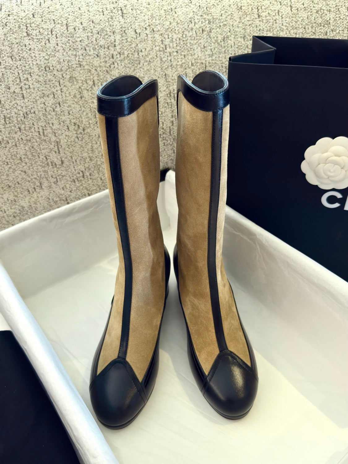 Chanel Women's Spring And Summer High Luxury Colorblocking Suede Short Boots Fashion Exquisite Black Temperament With Heels  Shoes Ngvp #2476