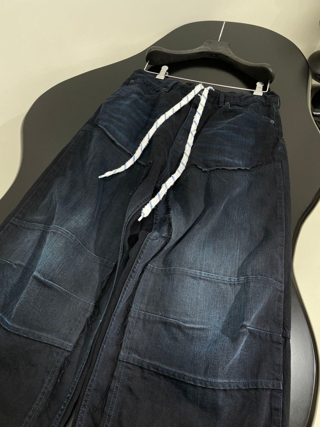 Balenciaga Men's And Women's Spring And Fall Splicing Fence Mid Waist Placket Zipper Straight Tie Jeans Pants #75357