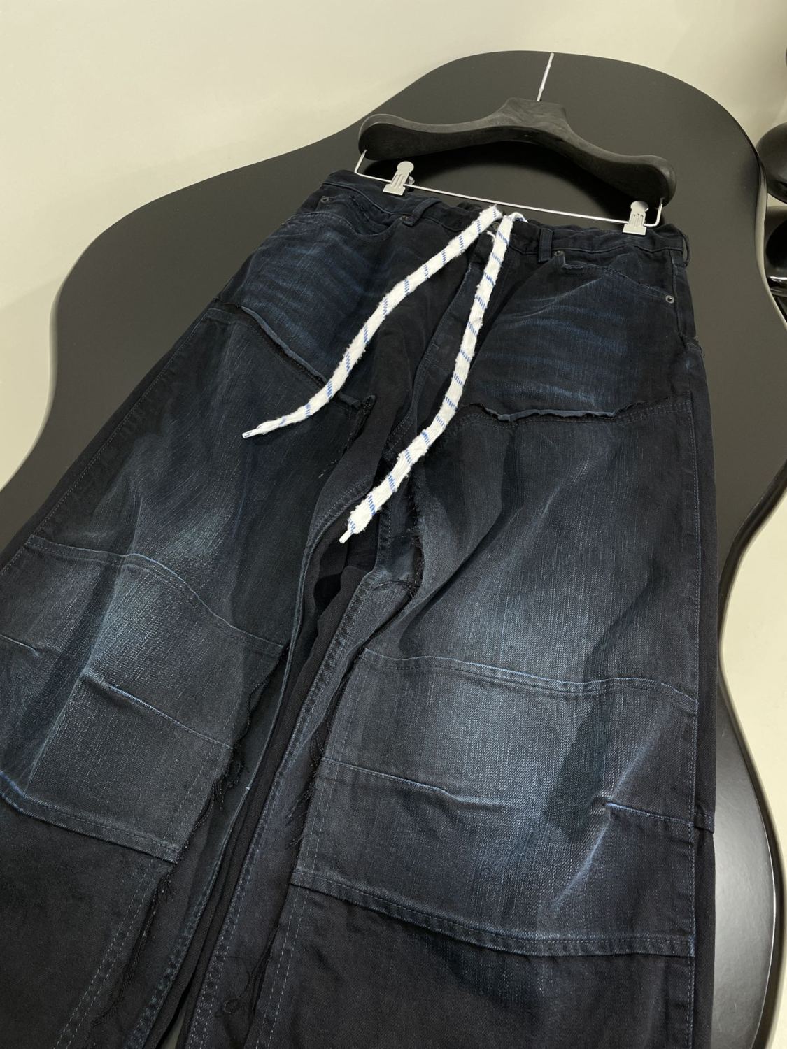 Balenciaga Men's And Women's Spring And Fall Splicing Fence Mid Waist Placket Zipper Straight Tie Jeans Pants #75357