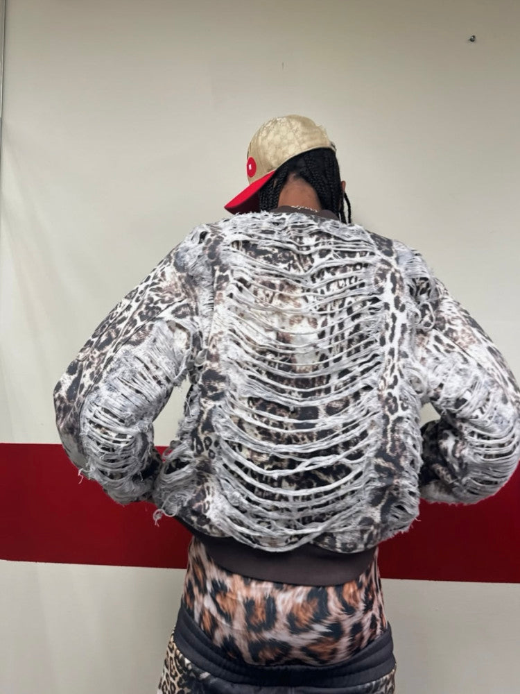 Mowalola X Ksubi Limited Edition Leopard Print Distressed Bomber Jacket Denim Cotton Jacket Fashionable High Street Cool Zipper Jacket Ngvp #2252