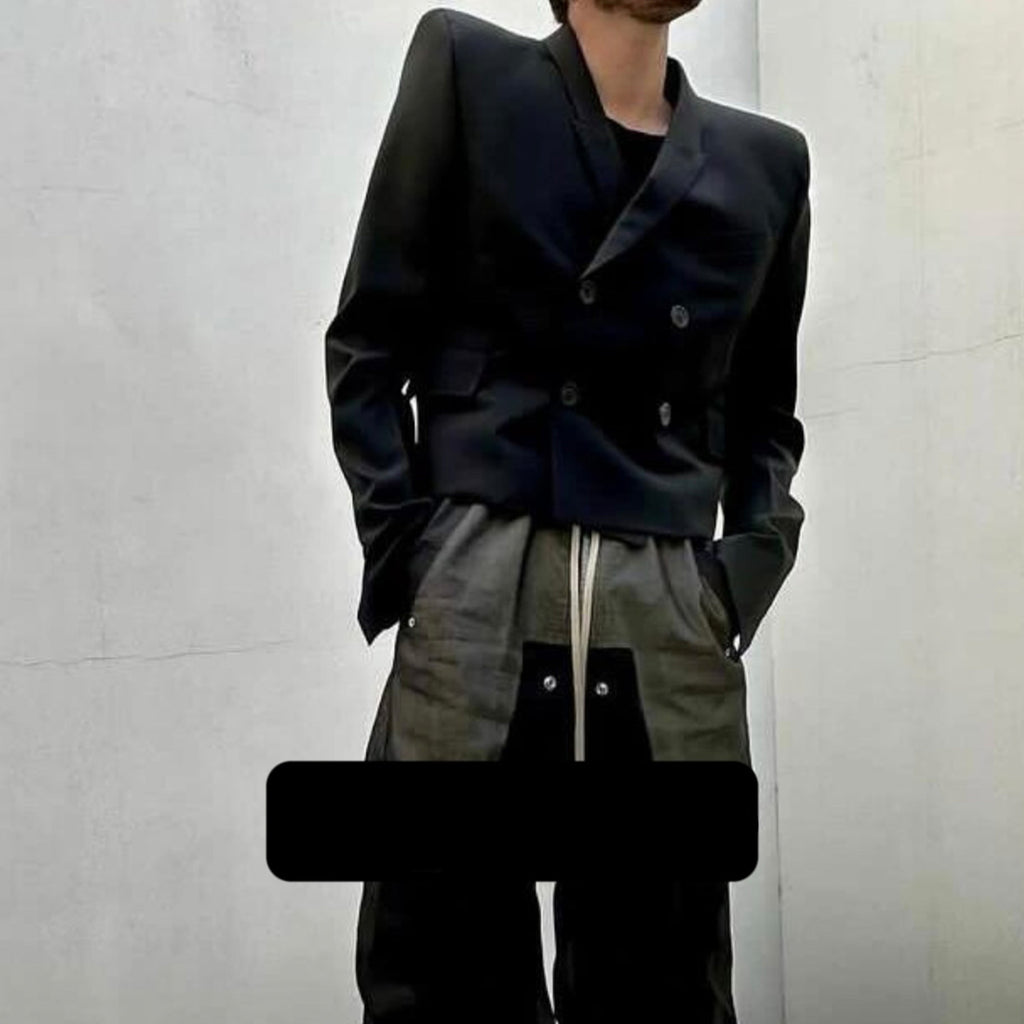Rick Owens Men's Shoulder Padded Suit Spring And Autumn Fashion Casual High Street Double-breasted Lapel Trend Short Jacket Ngvp #9836