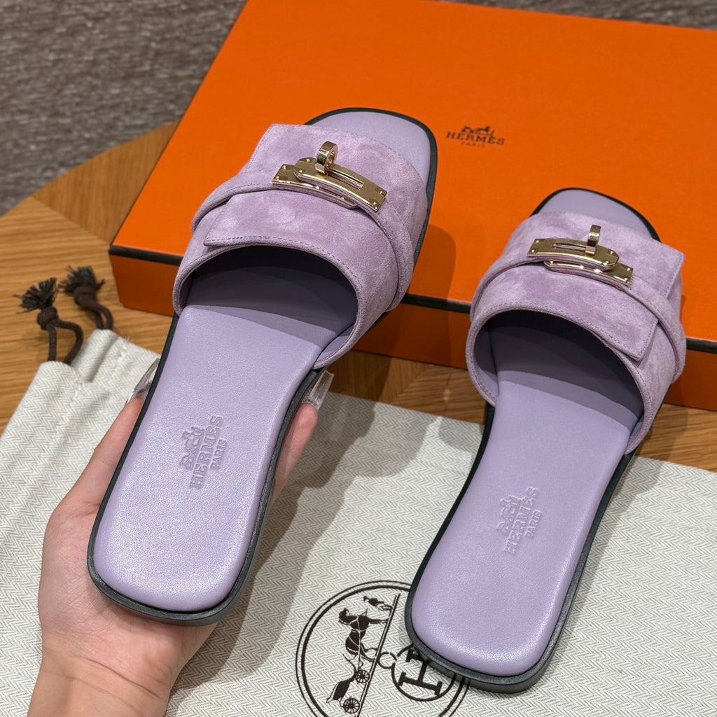 Hermes Giulia Women's Summer Solid Color Metal Buckle Round Toe Suede Leather Sandals Slippers Shoes #77667