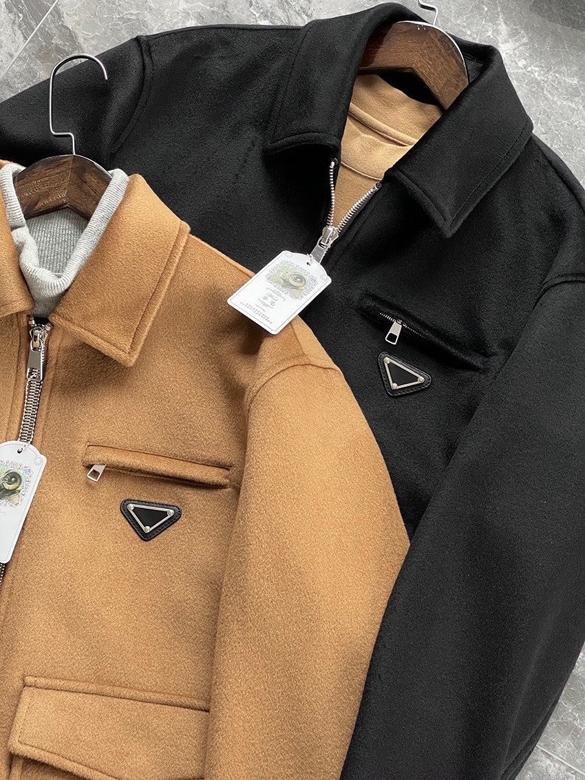 Prada Men's Autumn/Winter Inverted Triangle Logo Sheep Wool Lapel Zip Up Long Sleeve Jacket #97881