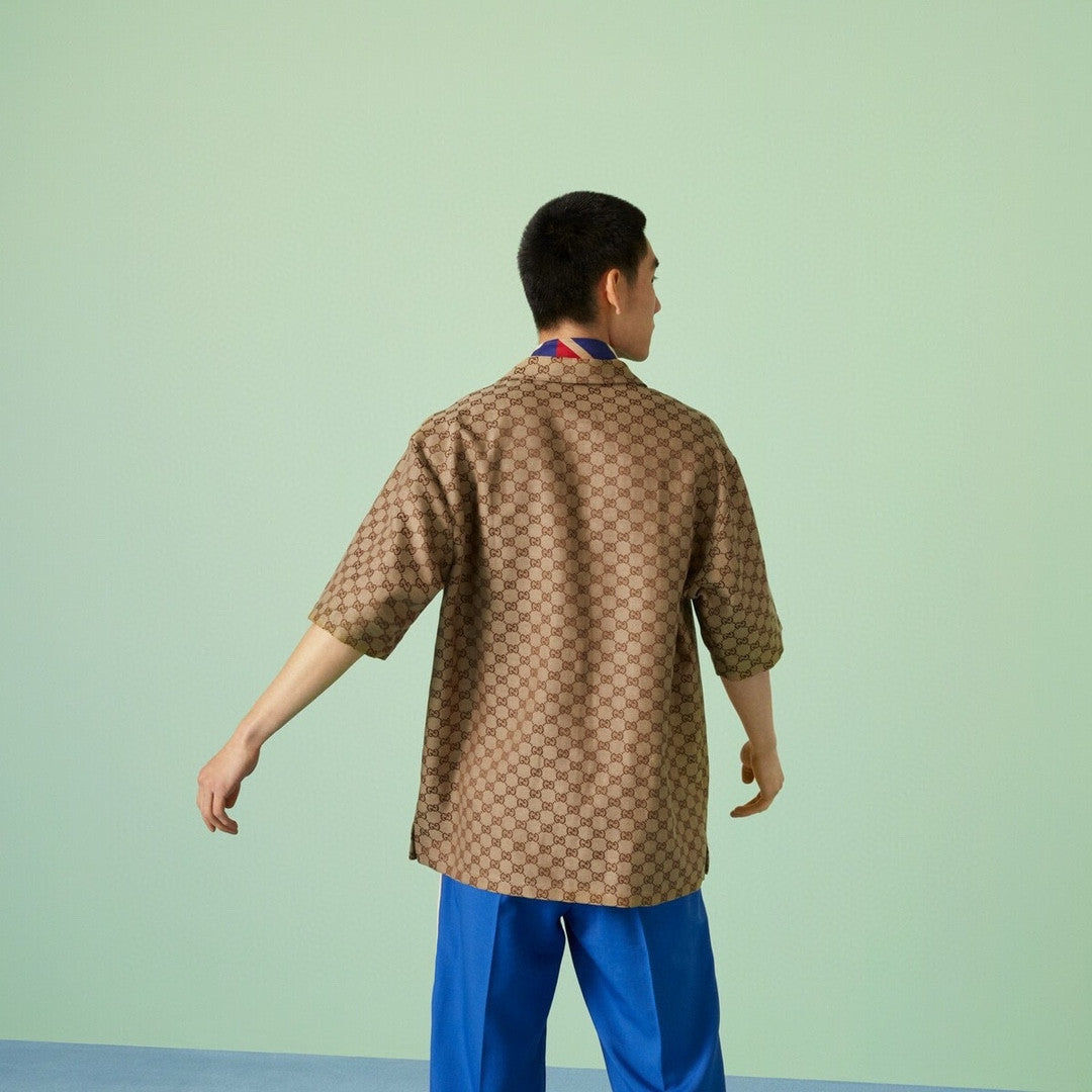 Gucci Men's Summer Brown Lapel Single Breasted Logo Printed Short Sleeve Shirt #98679