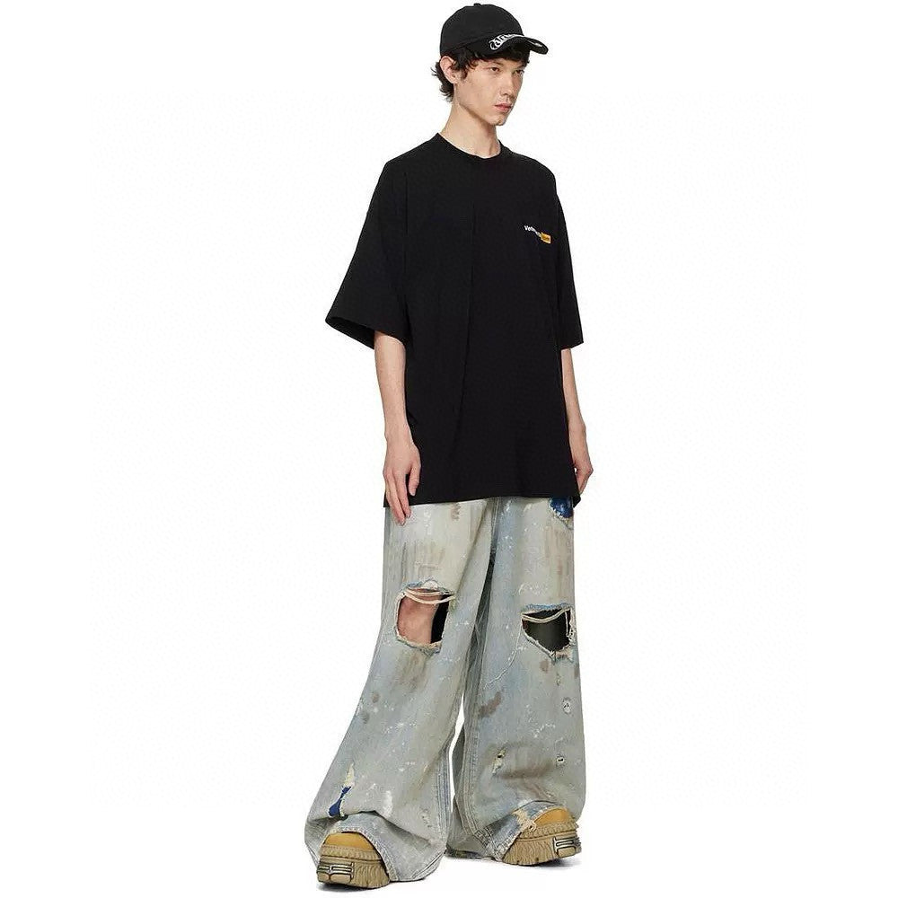 Vetements Men's Four Season Mid Rise Solid Color Distressed Holes Jeans Casual Cotton Loose Wide Leg Pants Ngvp #1211