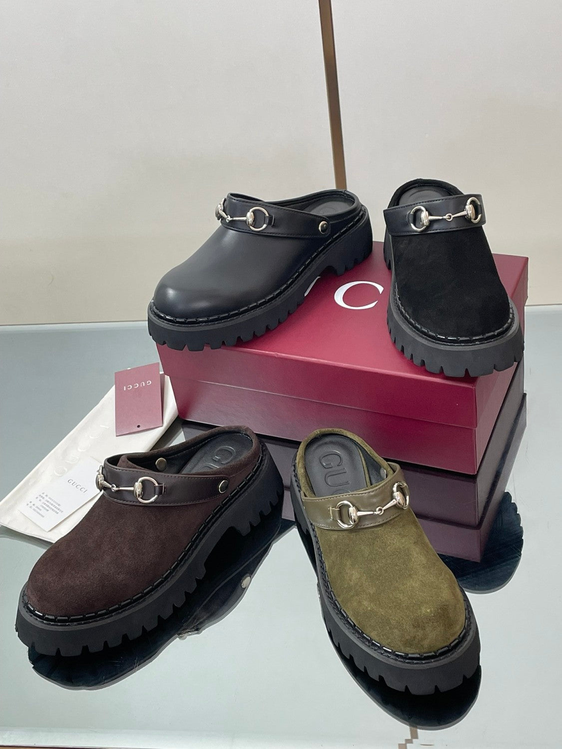 Gucci Women's Decorated Horsebit Buckle Mule Shoes Suede Leather Half Slippers Fashion Thick Bottom Height Increasing Shoes Heel Height:5cm  #81434