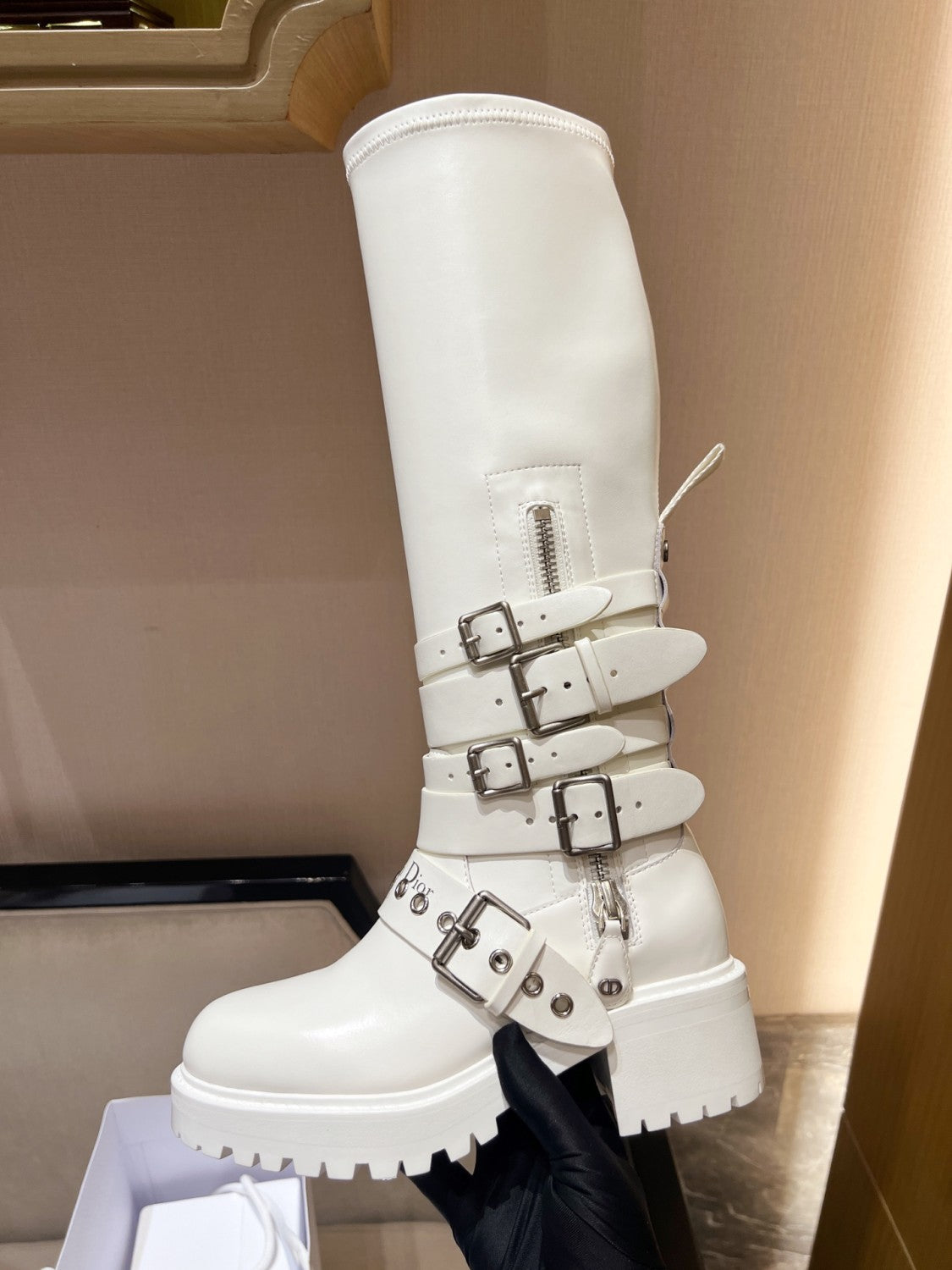Dior D-Fight Women's Classic Trendy Round-Toe Zipper Chunky Heel Leather Knee-High Boots Shoes #78765