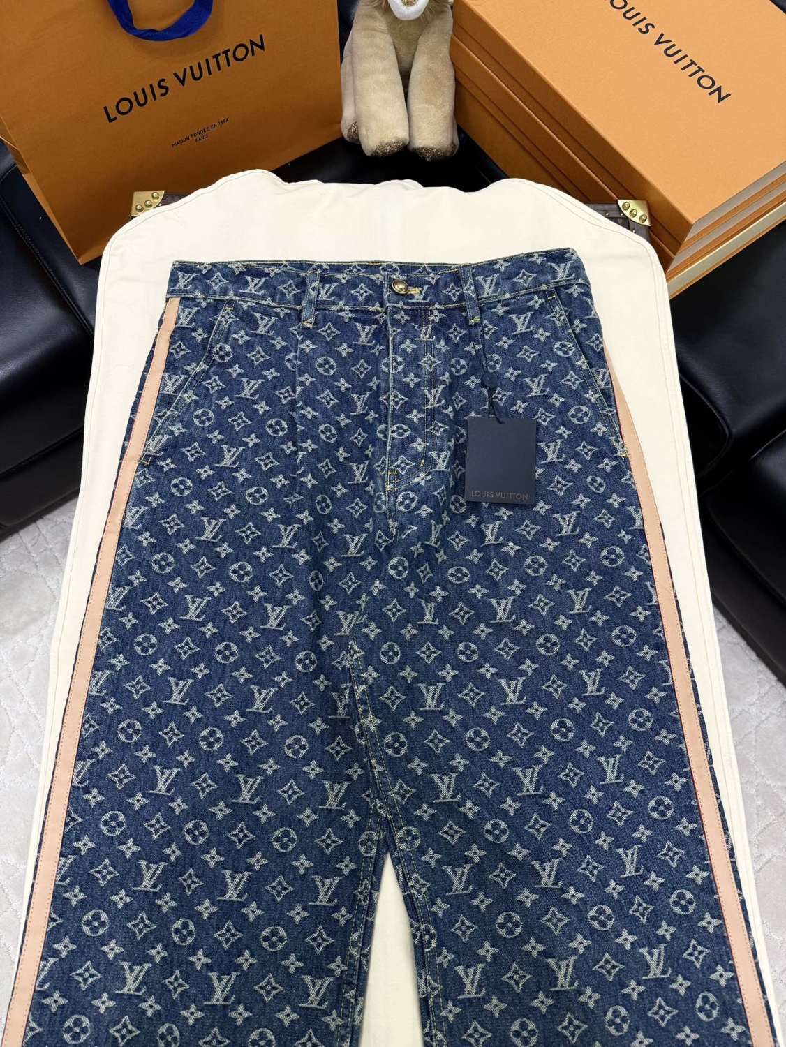 Louis Vuitton Men's Spring and Autumn Blue Cotton Monogrammed Full Print Jeans Pants #74415