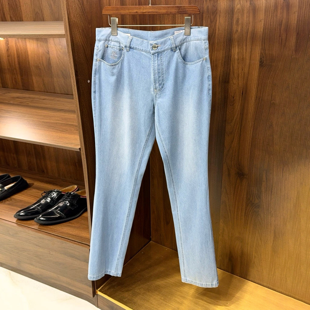 Brunello Cucinelli Men's Spring/Autumn Solid Colour Embroidered Logo Pure Cotton Denim Trousers Pants #77883