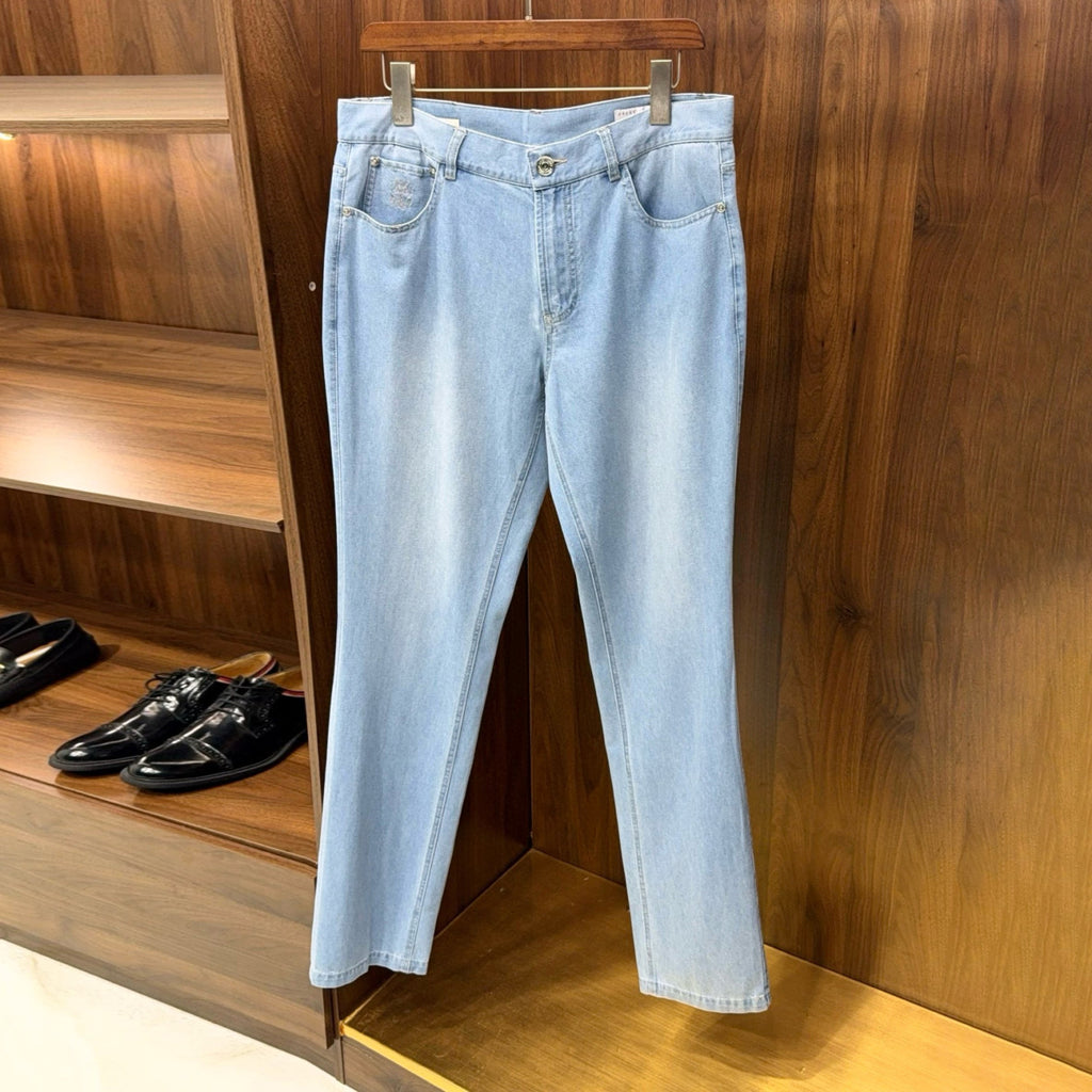 Brunello Cucinelli Men's Spring/Autumn Solid Colour Embroidered Logo Pure Cotton Denim Trousers Pants #77883