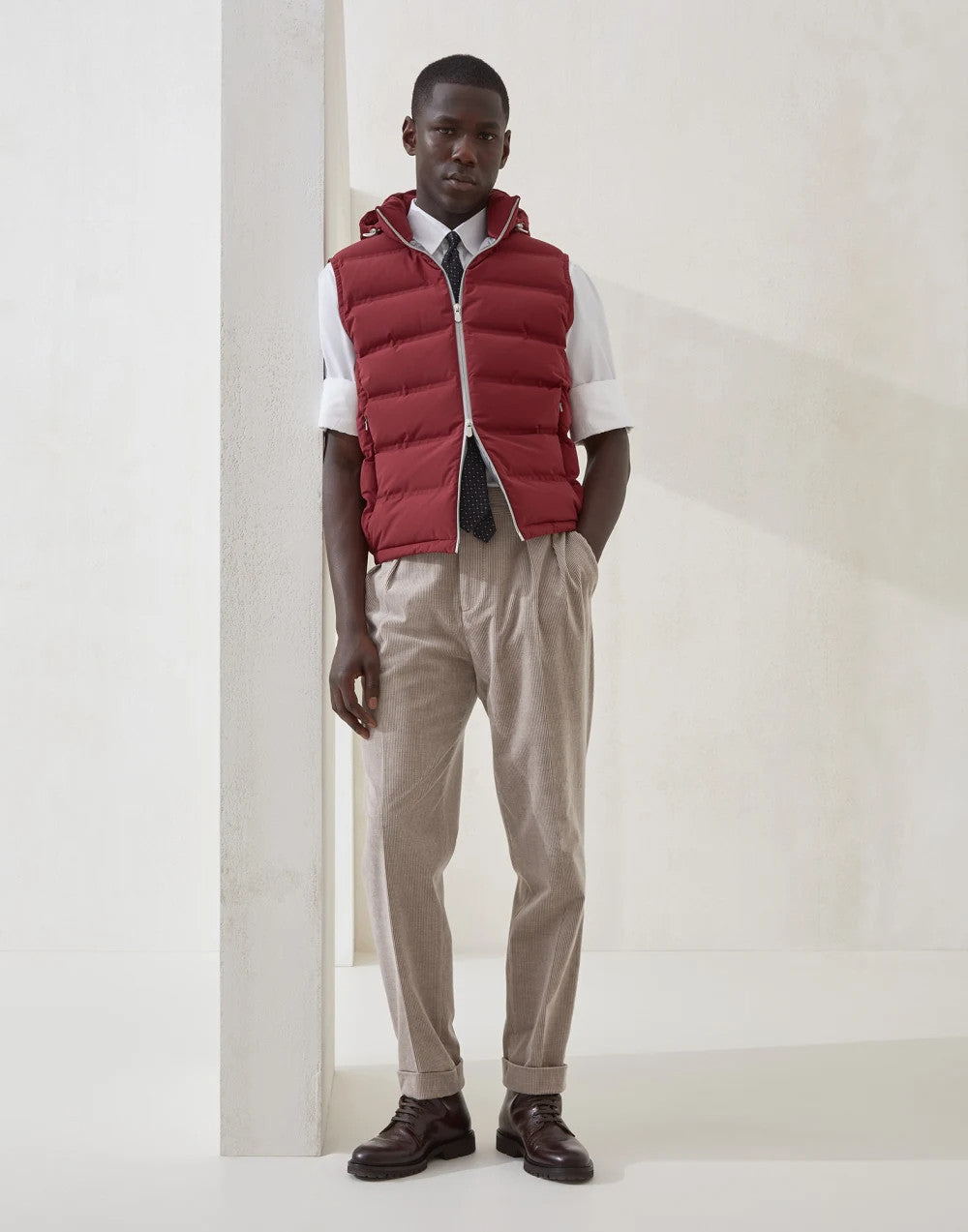 Brunello Cucinelli ﻿Men's Fall/Winter Stand-Up Collar Double-Zip Bonded Taffeta Down Vest with Heat-Sealed Seams And Detachable Hood Ngvp #2717