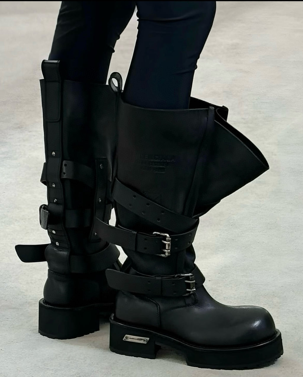 Balenciaga VENOM Men's  Fall/Winter Fashion Solid Color Round Toe Slip On Leather Buckle Fastened Knee High Boots Shoes #78771