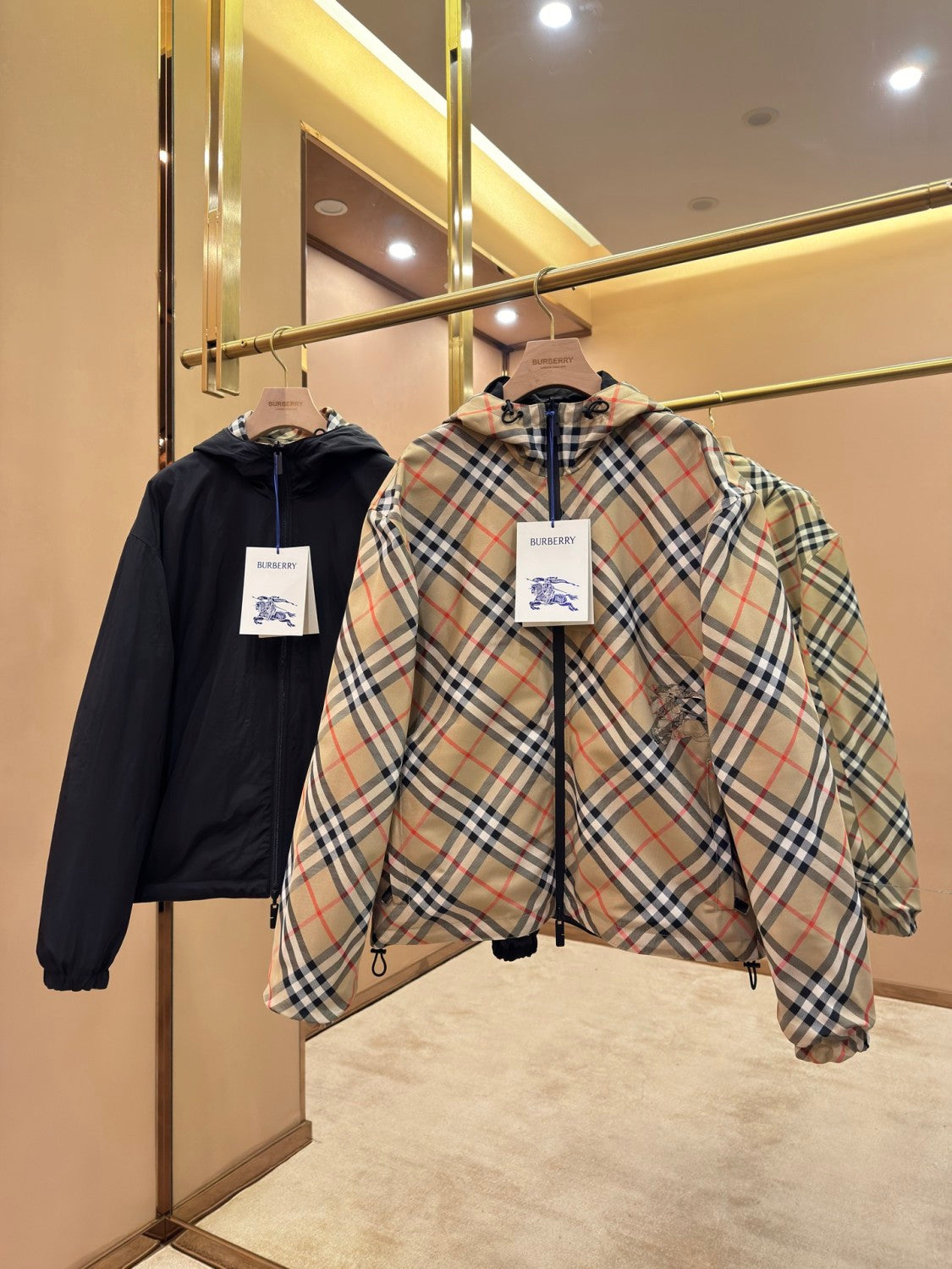 Burberry Men's Spring & Autumn Reversible Two Wear Plaid Jacket Equestrian Rider Logo Classic Drawstring Hooded Jacket #81224