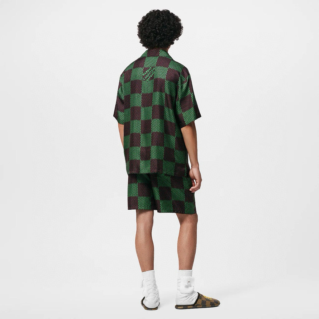 Louis Vuitton Men's Summer Green Checkerboard Logo Pattern Single Breasted Loose Short Sleeved Shirt High Waisted Elastic Leisure Shorts Pants Sei Suit #98616