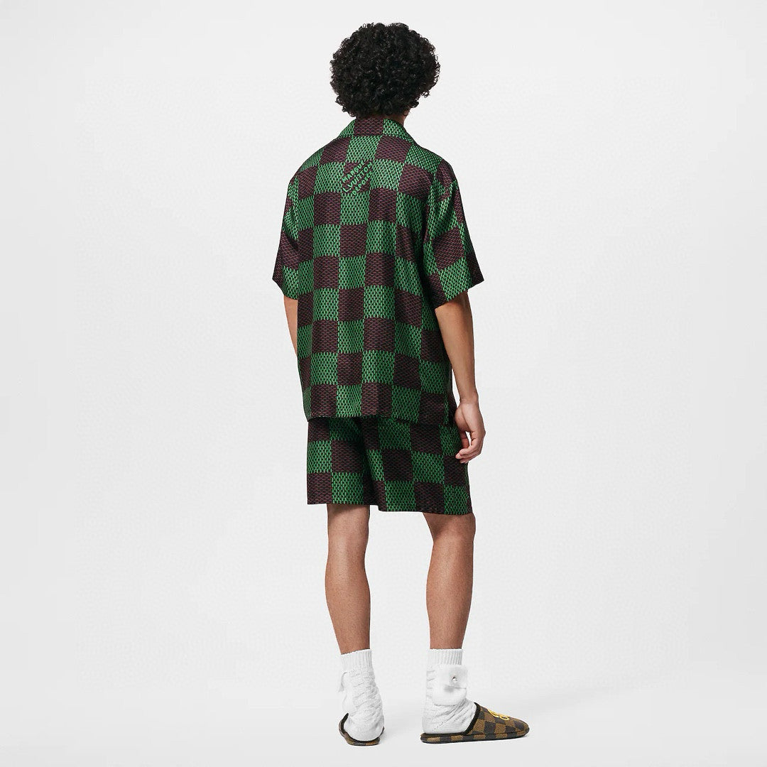 Louis Vuitton Men's Summer Green Checkerboard Logo Pattern Single Breasted Loose Short Sleeved Shirt High Waisted Elastic Leisure Shorts Pants Sei Suit #98616