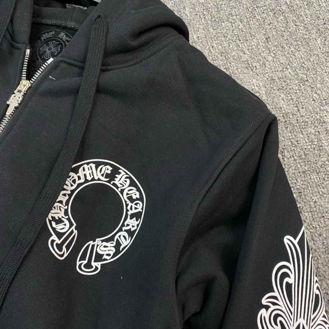 Chrome Hearts Men's Spring and Fall Black Logo Printed Zipper Long Sleeve Hooded Jacket #72485