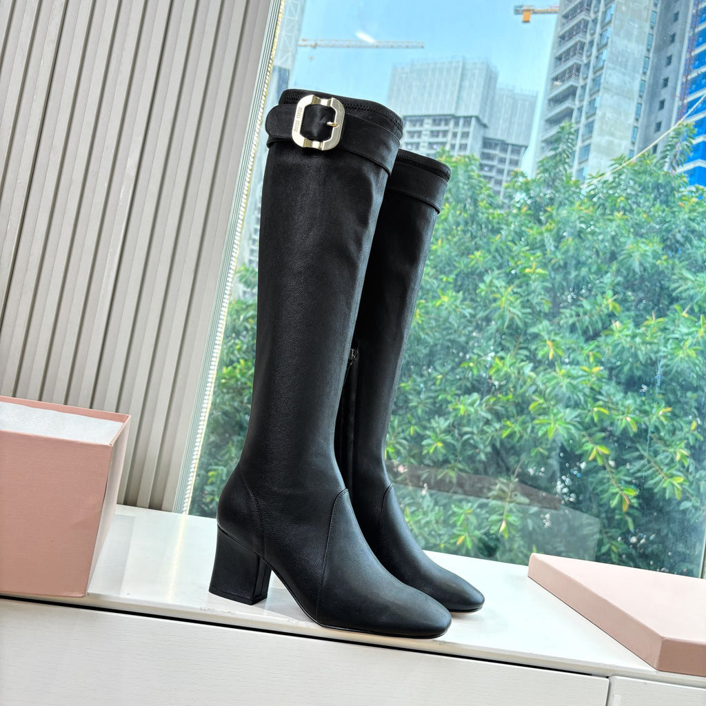 MiuMiu Women's Spring/Fall Fashion Classic Round Toe Cuffed Chunky Heel Solid Color Leather Long Boots Shoes#78718