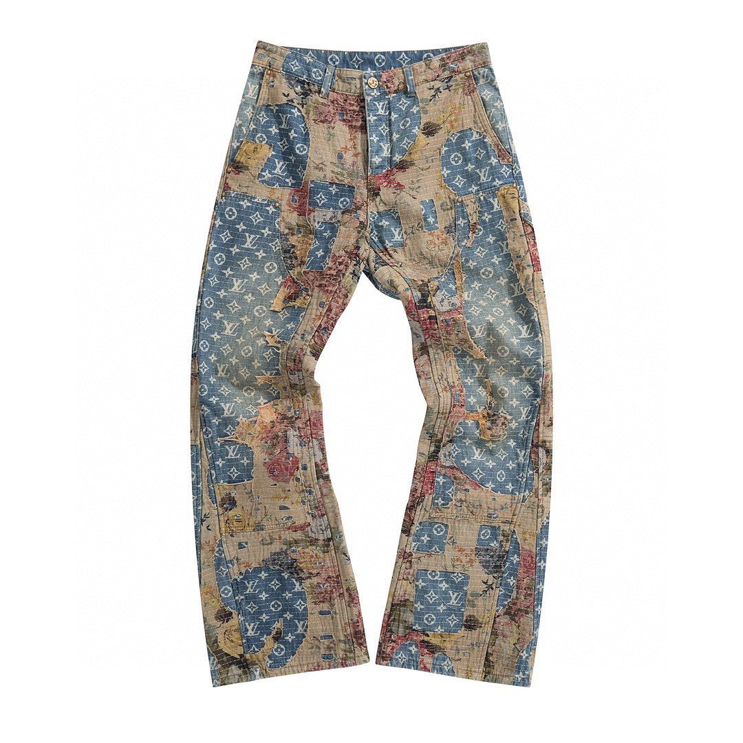 Louis Vuitton Destroyed Carpenter Bell Bottom Denim Pants #5858