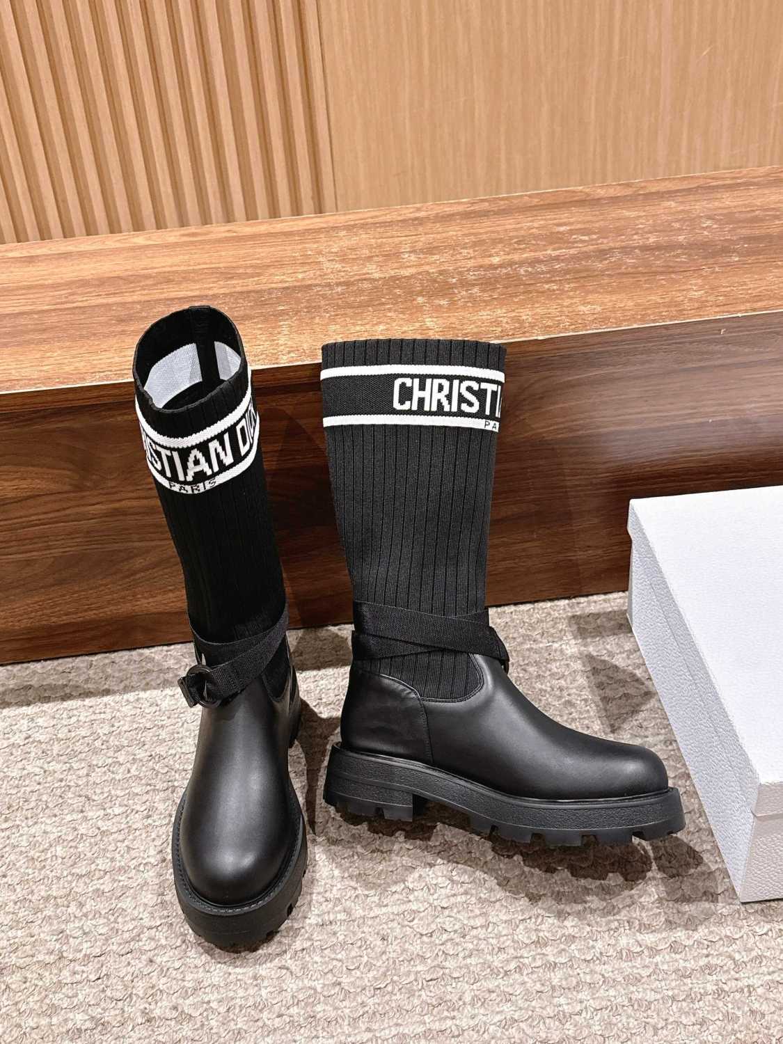 Dior Women's D-Major Ankle Boots Black Calf Leather With Black And White Technical Jersey #332813