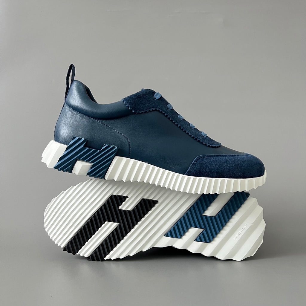 Hermes Bouncing Sneakers Men's Solid Color Leather and Suede Mesh Low-Top Lace-Up Shoes #77212
