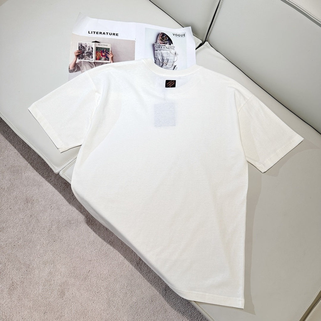 Louis Vuitton Men's Summer Embroidery Beaded Letter Logo White Round Neck Short Sleeve T-Shirt #99737