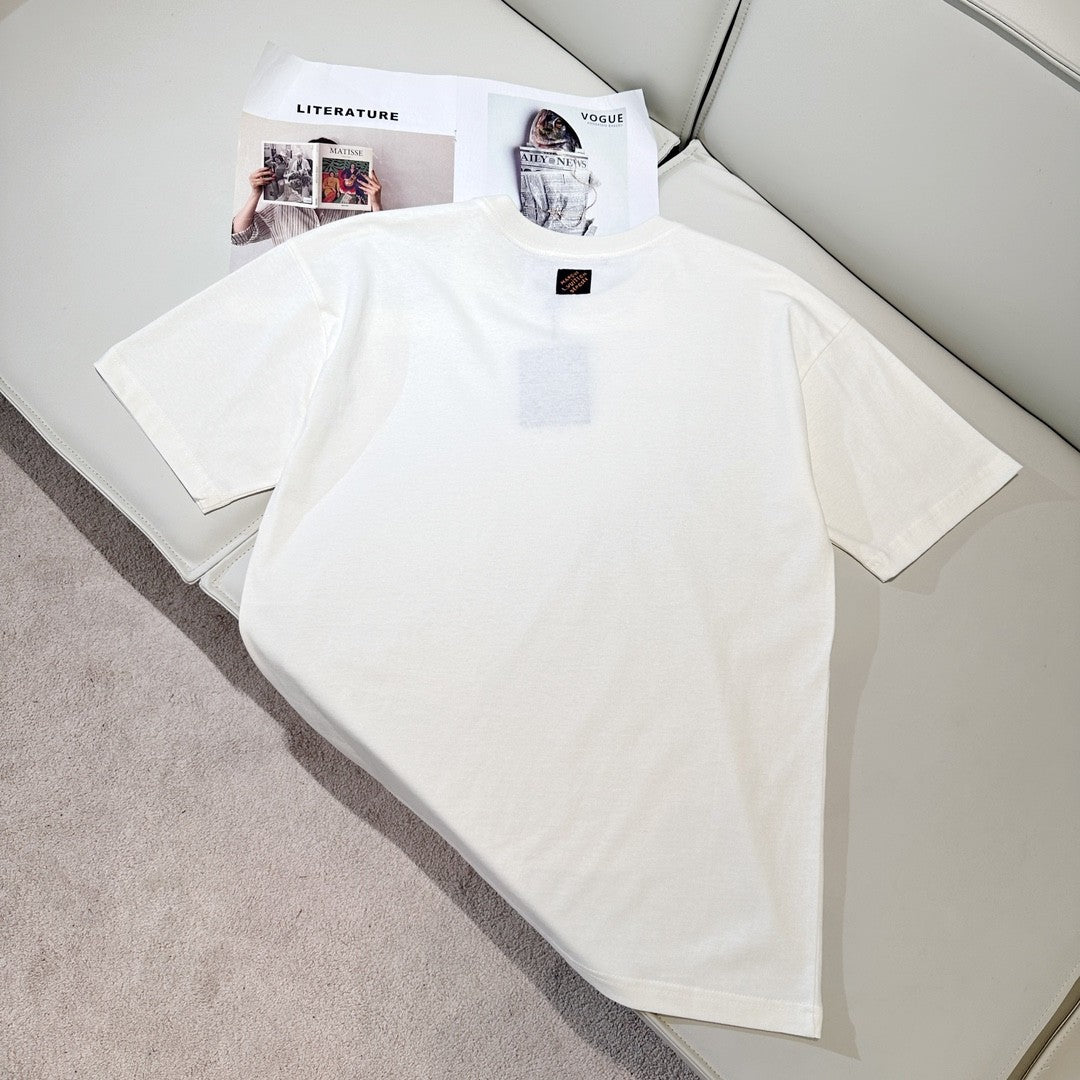 Louis Vuitton Men's Summer Embroidery Beaded Letter Logo White Round Neck Short Sleeve T-Shirt #99737